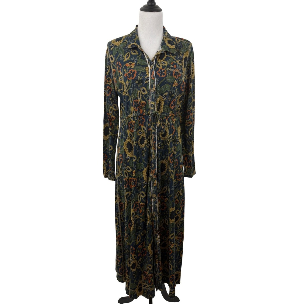 Natural Life Christa Knit Cotton Maxi Dress Size M Navy Tan Dahlias Floral Boho - Picture 2 of 10